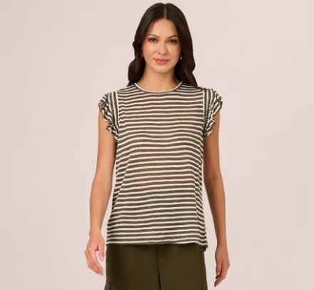 Adrianna Papell Tops & Blouses|Co-Ord Sets*Striped Tee With Ruffle Sleeves In Dk Green White