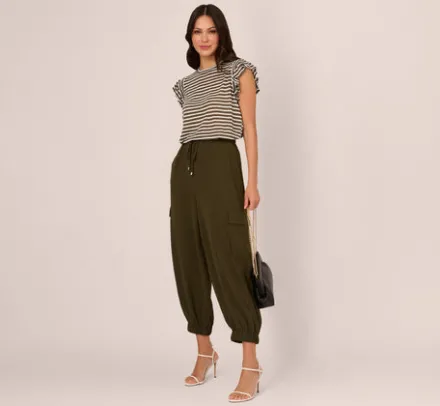 Adrianna Papell Tops & Blouses|Co-Ord Sets*Striped Tee With Ruffle Sleeves In Dk Green White