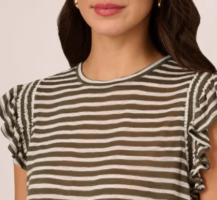 Adrianna Papell Tops & Blouses|Co-Ord Sets*Striped Tee With Ruffle Sleeves In Dk Green White