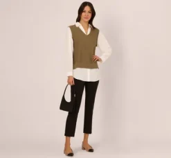 Adrianna Papell Tops & Blouses|Sweaters*Sweater Vest Collared Twofer Shirt In Smokey Olive Ivory