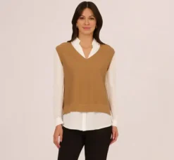 Adrianna Papell Tops & Blouses|Sweaters*Sweater Vest Collared Twofer Shirt In Camel Ivory