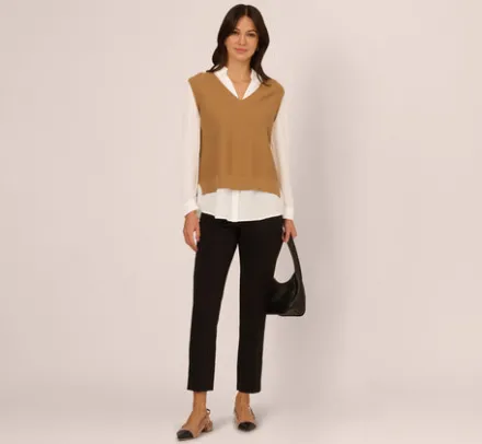 Adrianna Papell Tops & Blouses|Sweaters*Sweater Vest Collared Twofer Shirt In Camel Ivory