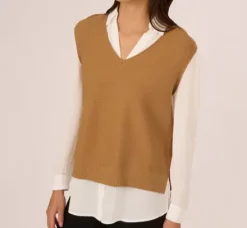 Adrianna Papell Tops & Blouses|Sweaters*Sweater Vest Collared Twofer Shirt In Camel Ivory