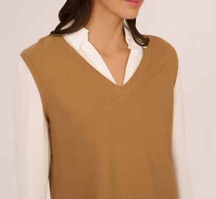 Adrianna Papell Tops & Blouses|Sweaters*Sweater Vest Collared Twofer Shirt In Camel Ivory