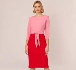 Adrianna Papell Wedding Guest Dresses|Day Dresses*Three Quarter Sleeve Colorblock Dress With Tie Front In Pink Red