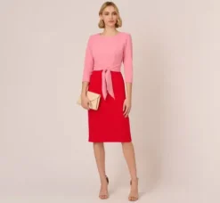 Adrianna Papell Wedding Guest Dresses|Day Dresses*Three Quarter Sleeve Colorblock Dress With Tie Front In Pink Red