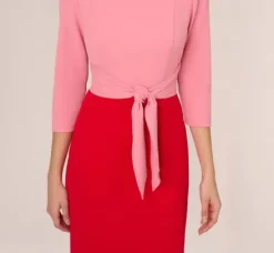 Adrianna Papell Wedding Guest Dresses|Day Dresses*Three Quarter Sleeve Colorblock Dress With Tie Front In Pink Red