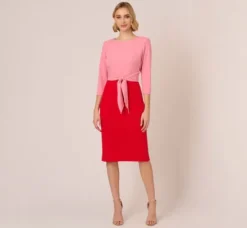 Adrianna Papell Wedding Guest Dresses|Day Dresses*Three Quarter Sleeve Colorblock Dress With Tie Front In Pink Red
