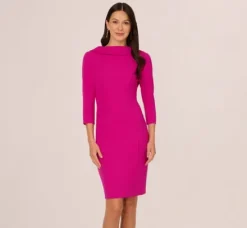 Adrianna Papell Wedding Guest Dresses|Day Dresses*Three Quarter Sleeve Crepe Midi Dress With Rolled Neck In Pink Flambe