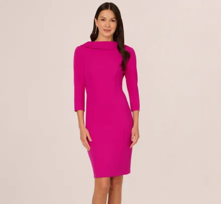 Adrianna Papell Wedding Guest Dresses|Day Dresses*Three Quarter Sleeve Crepe Midi Dress With Rolled Neck In Pink Flambe