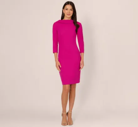 Adrianna Papell Wedding Guest Dresses|Day Dresses*Three Quarter Sleeve Crepe Midi Dress With Rolled Neck In Pink Flambe
