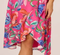 Adrianna Papell Wedding Guest Dresses|Petite-Friendly*Tropical Floral Sateen Strapless Midi Dress With Ruffle Accent In Pink Multi