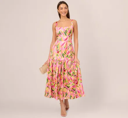 Adrianna Papell Wedding Guest Dresses|Petite-Friendly*Tropical Print Satin Ankle Length Dress With Tiered Skirt In Pink Multi