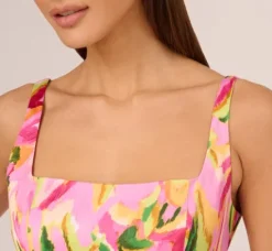 Adrianna Papell Wedding Guest Dresses|Petite-Friendly*Tropical Print Satin Ankle Length Dress With Tiered Skirt In Pink Multi