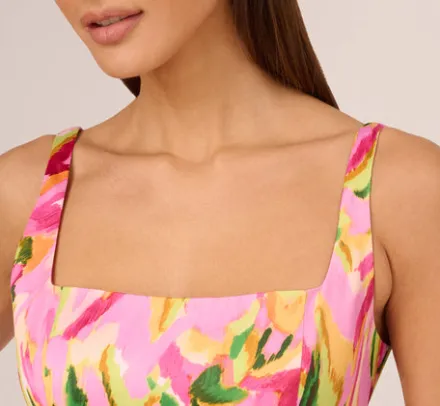 Adrianna Papell Wedding Guest Dresses|Petite-Friendly*Tropical Print Satin Ankle Length Dress With Tiered Skirt In Pink Multi