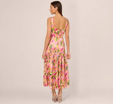 Adrianna Papell Wedding Guest Dresses|Petite-Friendly*Tropical Print Satin Ankle Length Dress With Tiered Skirt In Pink Multi