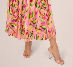 Adrianna Papell Wedding Guest Dresses|Petite-Friendly*Tropical Print Satin Ankle Length Dress With Tiered Skirt In Pink Multi