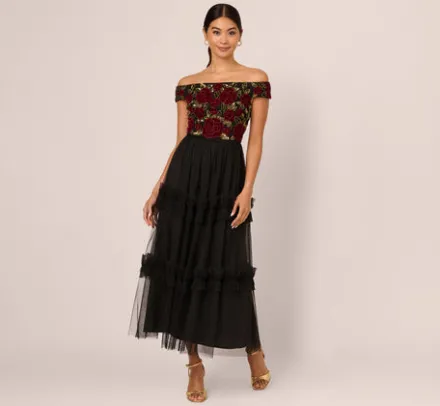 Adrianna Papell Wedding Guest Dresses|Grandmother Of The Bride & Groom*Velvet And Tulle Midi Dress In Black Red