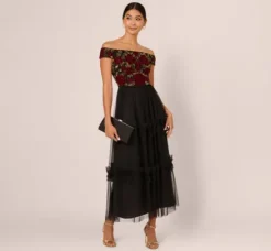Adrianna Papell Wedding Guest Dresses|Grandmother Of The Bride & Groom*Velvet And Tulle Midi Dress In Black Red