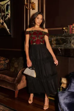 Adrianna Papell Wedding Guest Dresses|Grandmother Of The Bride & Groom*Velvet And Tulle Midi Dress In Black Red