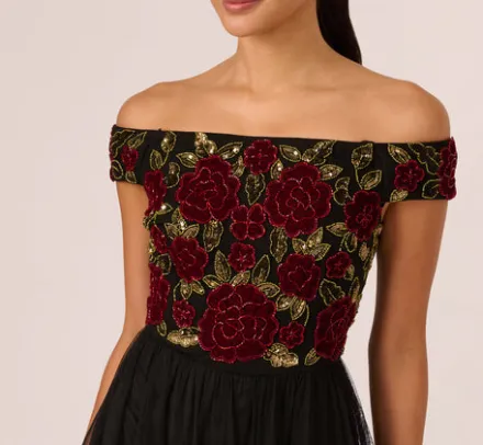 Adrianna Papell Wedding Guest Dresses|Grandmother Of The Bride & Groom*Velvet And Tulle Midi Dress In Black Red