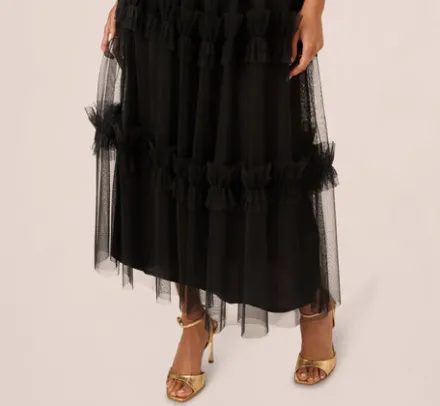 Adrianna Papell Wedding Guest Dresses|Grandmother Of The Bride & Groom*Velvet And Tulle Midi Dress In Black Red