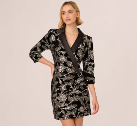 Adrianna Papell Wedding Guest Dresses|Grandmother Of The Bride & Groom*Velvet Blazer Short Dress In Black Silver