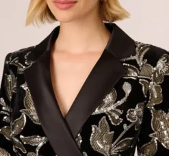 Adrianna Papell Wedding Guest Dresses|Grandmother Of The Bride & Groom*Velvet Blazer Short Dress In Black Silver