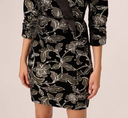 Adrianna Papell Wedding Guest Dresses|Grandmother Of The Bride & Groom*Velvet Blazer Short Dress In Black Silver