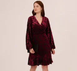 Adrianna Papell Wedding Guest Dresses|Day Dresses*Velvet Burnout Faux Wrap Dress With Long Bishop Sleeves In Burgundy Black