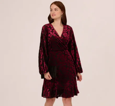 Adrianna Papell Wedding Guest Dresses|Day Dresses*Velvet Burnout Faux Wrap Dress With Long Bishop Sleeves In Burgundy Black