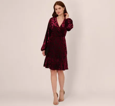 Adrianna Papell Wedding Guest Dresses|Day Dresses*Velvet Burnout Faux Wrap Dress With Long Bishop Sleeves In Burgundy Black
