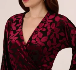 Adrianna Papell Wedding Guest Dresses|Day Dresses*Velvet Burnout Faux Wrap Dress With Long Bishop Sleeves In Burgundy Black