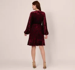 Adrianna Papell Wedding Guest Dresses|Day Dresses*Velvet Burnout Faux Wrap Dress With Long Bishop Sleeves In Burgundy Black