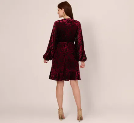 Adrianna Papell Wedding Guest Dresses|Day Dresses*Velvet Burnout Faux Wrap Dress With Long Bishop Sleeves In Burgundy Black