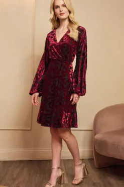 Adrianna Papell Wedding Guest Dresses|Day Dresses*Velvet Burnout Faux Wrap Dress With Long Bishop Sleeves In Burgundy Black