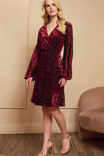 Adrianna Papell Wedding Guest Dresses|Day Dresses*Velvet Burnout Faux Wrap Dress With Long Bishop Sleeves In Burgundy Black