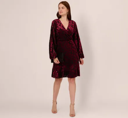 Adrianna Papell Wedding Guest Dresses|Day Dresses*Velvet Burnout Faux Wrap Dress With Long Bishop Sleeves In Burgundy Black
