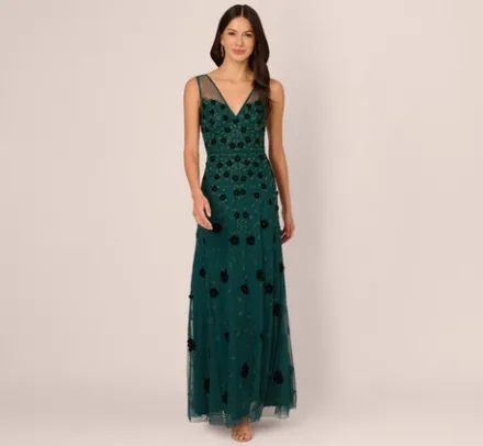 Adrianna Papell Wedding Guest Dresses|Formal Dresses*Velvet Floral Beaded Gown With Sheer Tank Straps In Gem Green