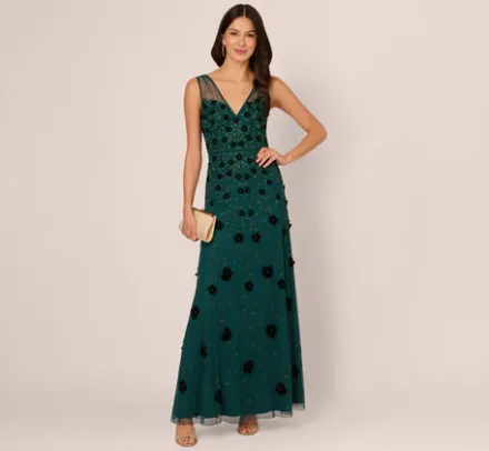 Adrianna Papell Wedding Guest Dresses|Formal Dresses*Velvet Floral Beaded Gown With Sheer Tank Straps In Gem Green