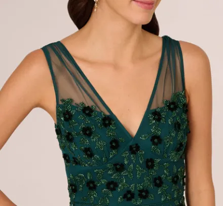 Adrianna Papell Wedding Guest Dresses|Formal Dresses*Velvet Floral Beaded Gown With Sheer Tank Straps In Gem Green