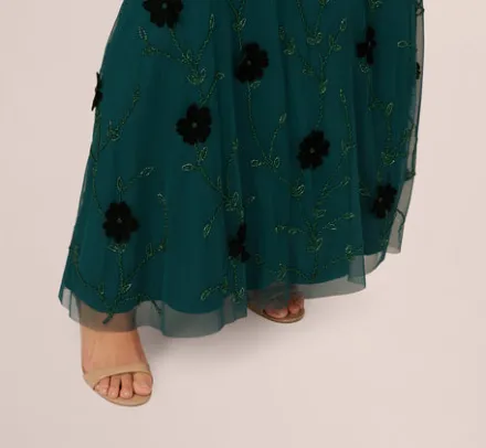 Adrianna Papell Wedding Guest Dresses|Formal Dresses*Velvet Floral Beaded Gown With Sheer Tank Straps In Gem Green