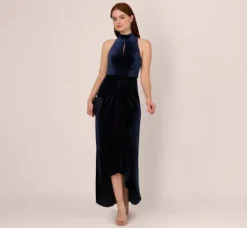 Adrianna Papell Wedding Guest Dresses|Formal Dresses*Velvet High Low Halter Gown With Cutout Mock Neck In
