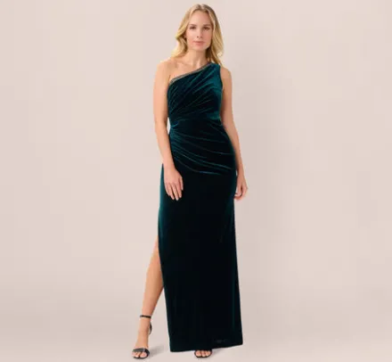 Adrianna Papell Wedding Guest Dresses|Formal Dresses*Velvet One Shoulder Gown With Beaded Neckline In