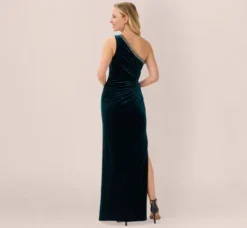 Adrianna Papell Wedding Guest Dresses|Formal Dresses*Velvet One Shoulder Gown With Beaded Neckline In