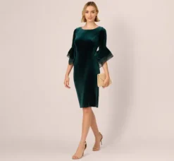 Adrianna Papell Wedding Guest Dresses|Day Dresses*Velvet Sheath Dress With Tiered Three Quarter Sleeves In