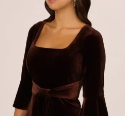 Adrianna Papell Wedding Guest Dresses|Day Dresses*Velvet Tie Front Sheath Dress With Bell Sleeves In Dark Brown