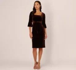 Adrianna Papell Wedding Guest Dresses|Day Dresses*Velvet Tie Front Sheath Dress With Bell Sleeves In Dark Brown