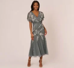 Adrianna Papell Wedding Guest Dresses|Grandmother Of The Bride & Groom*Vine Beaded Ankle Length Gown With Flutter Sleeves In Pewter Silver