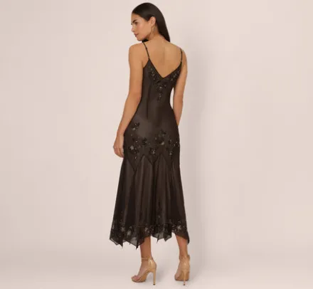 Adrianna Papell Wedding Guest Dresses*Vintage Beaded Fairy Ankle-Length Dress With Sharkbite Hem In Black Nude
